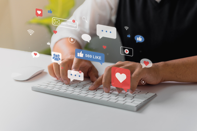 Man typing to work about live chat and social media marketing. internet network technology and business concept.
