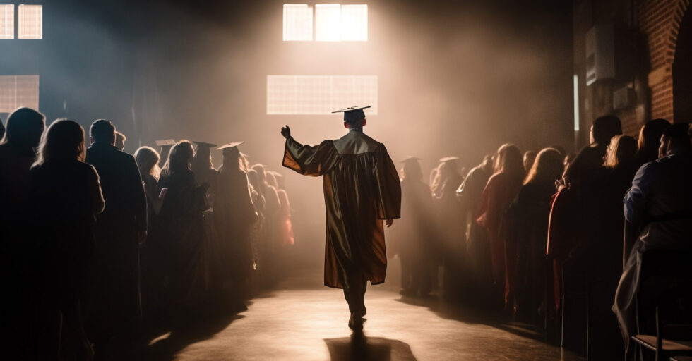 Silhouettes of men and women walking towards stage generated by AI Affordable SEO Services